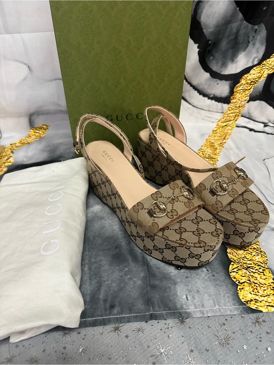 Gucci Brown GG Canvas Platform Wedges with Gold Hardware New with box and duster